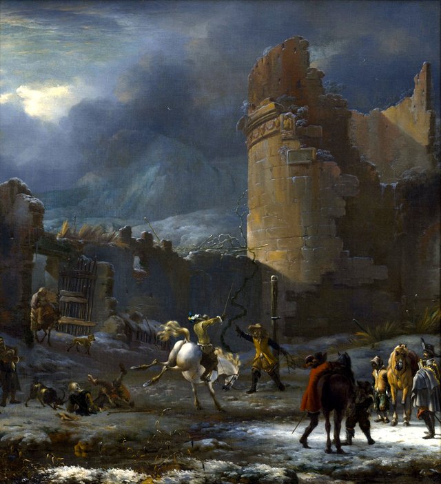 Paardendressuur in winters Rome by Willem Schellinks