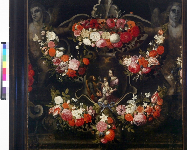 Heilige Familie omgeven door bloemenguirlandes. by Frans Ykens
