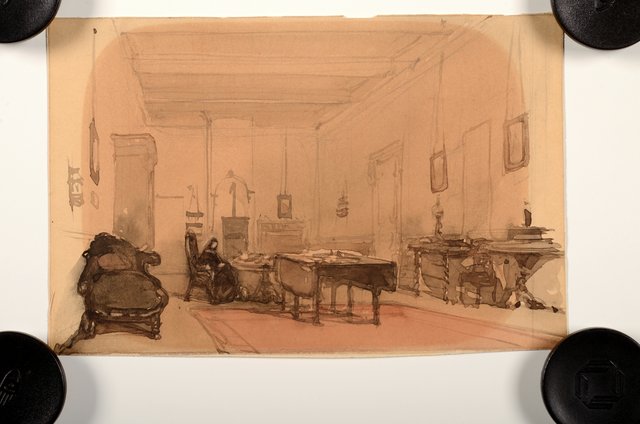 Werkkamer van mej. Toussaint in haar ouderlijk huis aan de Bierkade by Johannes Bosboom