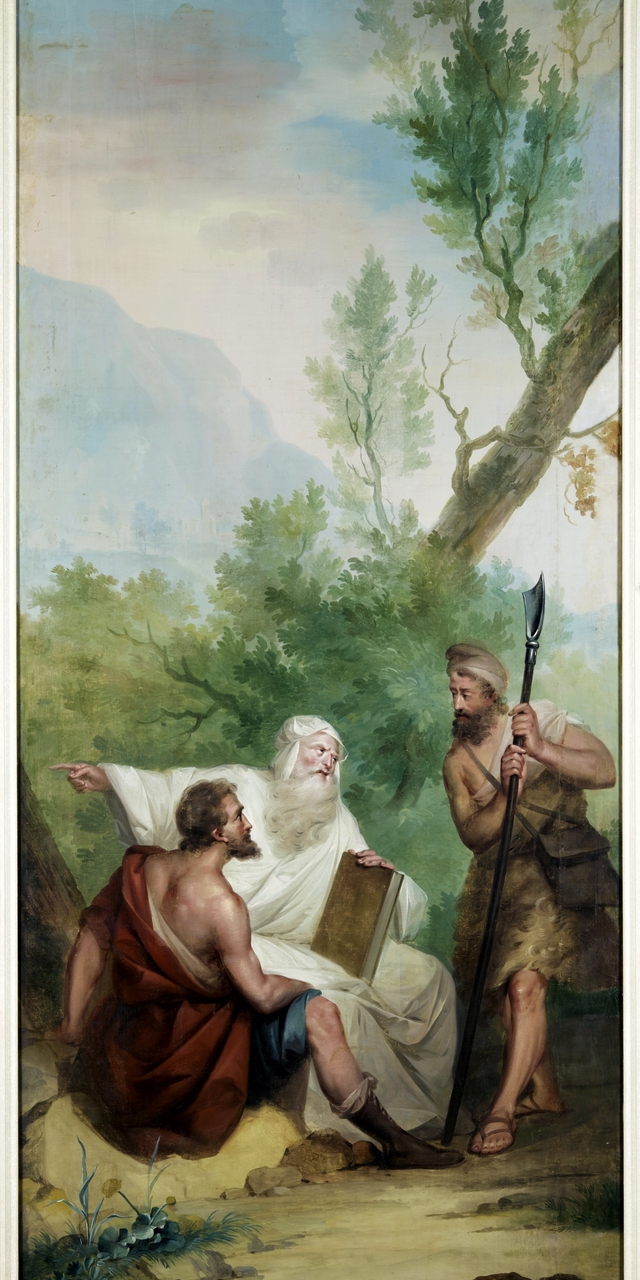 Behangsel met Linco die probeert Silvio over te halen met Amaryllis te trouwen by Aert Schouman