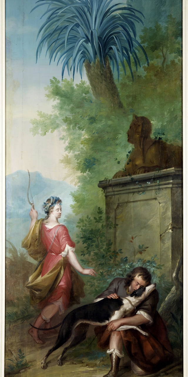 Behangsel met Dorinda die Silvio zijn hond Melampo teruggeeft by Aert Schouman