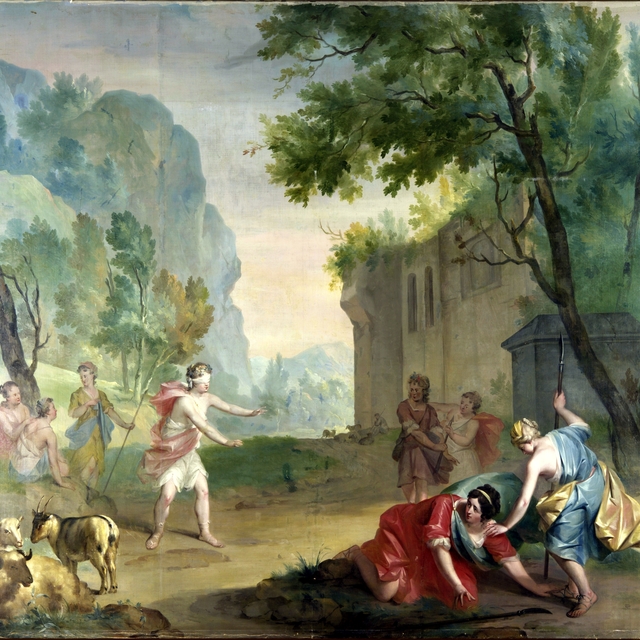 Behangsel met Amaryllis die het blindemanspel speelt by Aert Schouman
