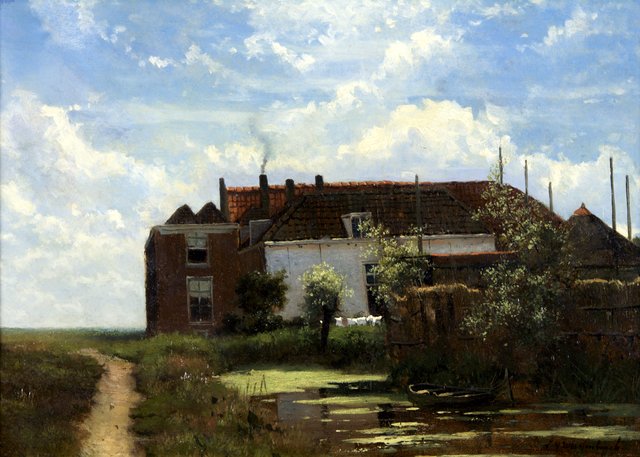 'Boerderij aan vaart' of 'De waslijn' by Johan Hendrik Weissenbruch