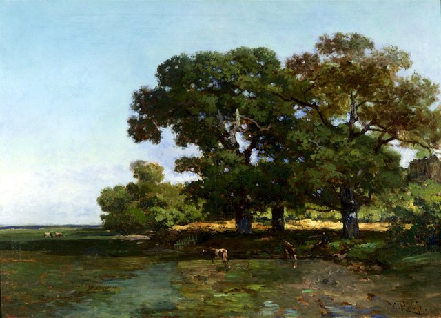 Zomerlandschap (koeien onder geboomte aan rivieroever) by Willem Roelofs