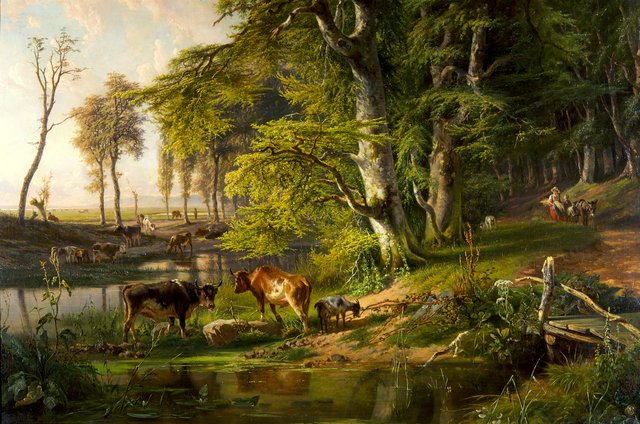 Boslandschap met vee bij een beek by Paul Joseph Constantin Gabriël