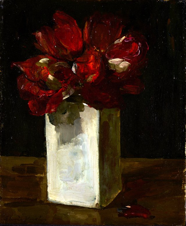 Rode tulpen in vaas by Floris Verster