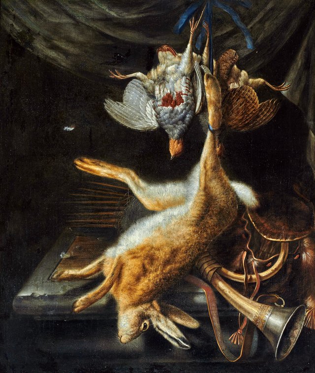 A hunting still life with a partridge, a grouse, a hare and hunting paraphernalia by Jacob Biltius