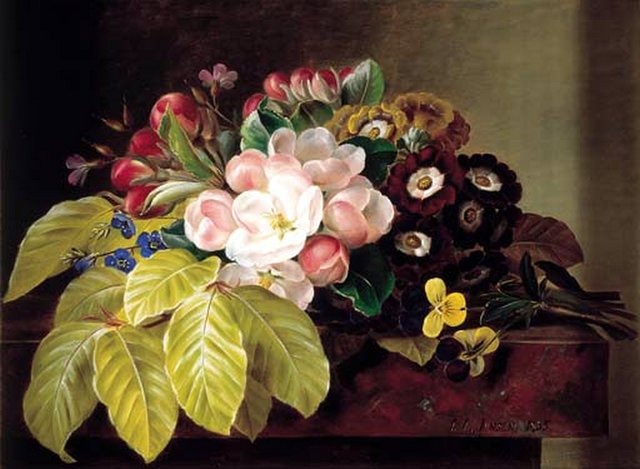 Pansies, Appleblossom, Gloxinia, Phlox and Primula Auricula on a Brown Marble Ledge. by Johan Laurentz Jensen