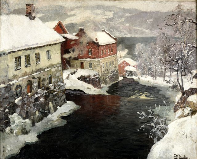 Fabriques en Norvège, les deux moulins sur la rivière Mesma by Frits Thaulow