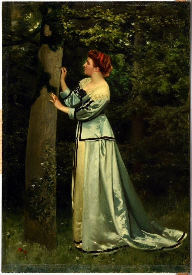 Young woman writing on a tree by Martín Rico