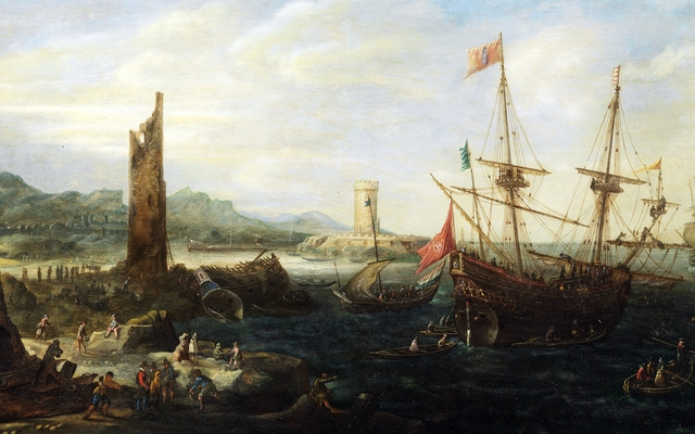 Coastal landscape with warship under papal flag and a Dutch sloop by Andries van Eertvelt