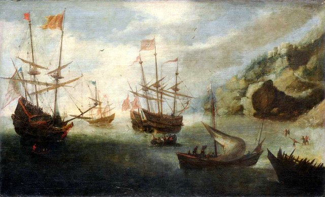 Mediterranean coastal landscape with sailing ships by Andries van Eertvelt