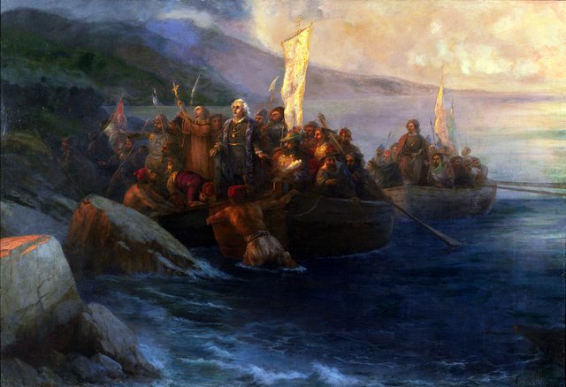 The Disembarkation of Christopher Columbus with Companions on Three Launches, on Friday 12th October by Ivan Aivazovsky