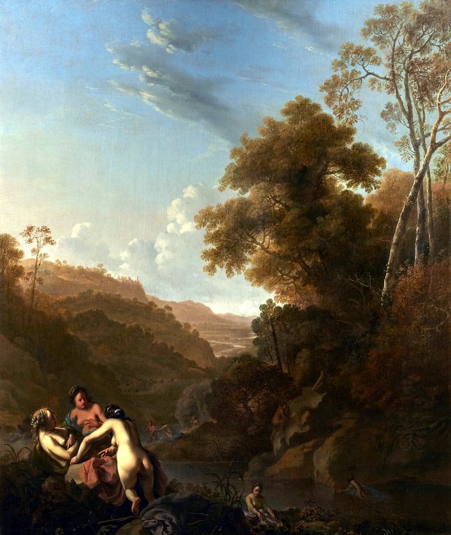 Italianate landscape with nymphs bathing by Dirck van der Lisse
