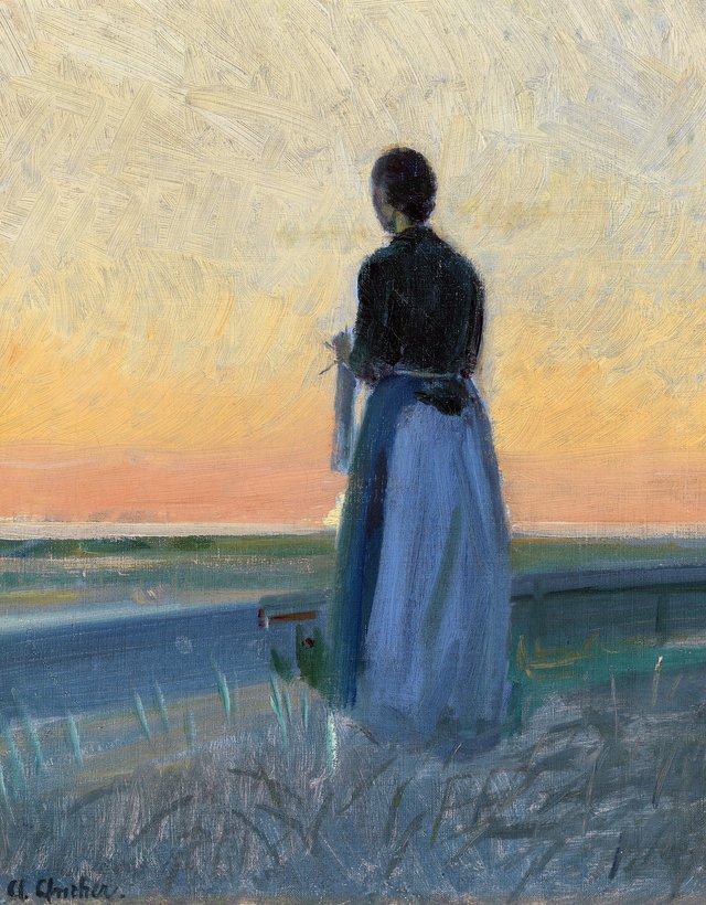 A young woman with knitting, standing in the sunnset. by Anna Ancher