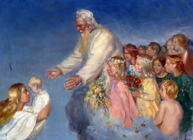 Our Lord receives a dead child. by Anna Ancher