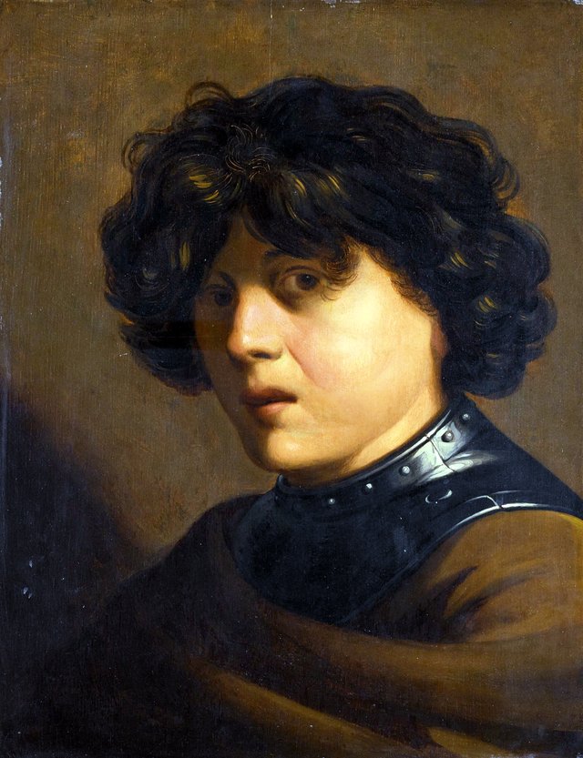 Portrait of a boy, head and shoulders, wearing a gorget by Jan Lievens