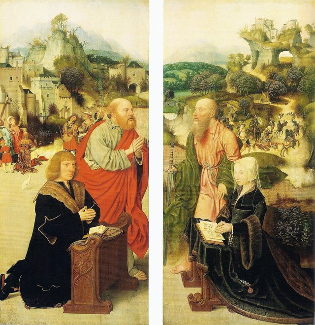 The donor, possibly Aelbrecht Adriaensz. van Adrichem with St. Peter (left); the donor, possibly Elisabeth van Dorp with St. Paul (right) by Jan Mostaert