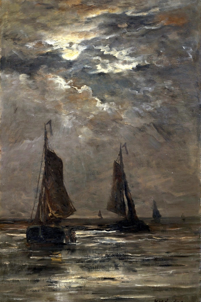 Fishing boats at sea by Hendrik Willem Mesdag