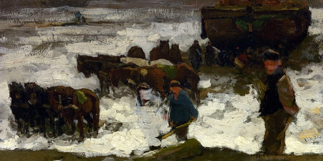 Vissers trekken hun boot op het strand; sneeuweffect by Willem de Zwart