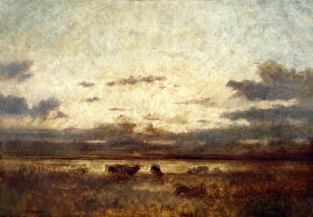 Moeras bij ondergaande zon by Jules Dupré
