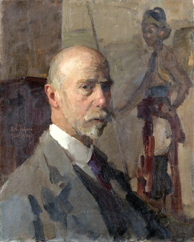 Zelfportret met een portret van Raden Mas Jodjana op de achtergrond by Isaac Israëls