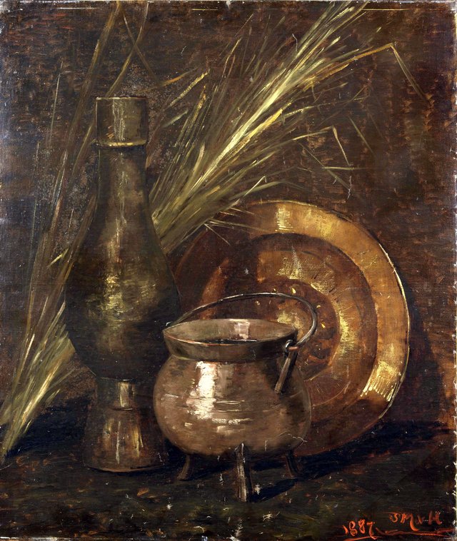 Bronze pot, brass dish and vase by Sina Mesdag-van Houten