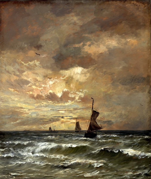Sunset with stormy sea by Hendrik Willem Mesdag