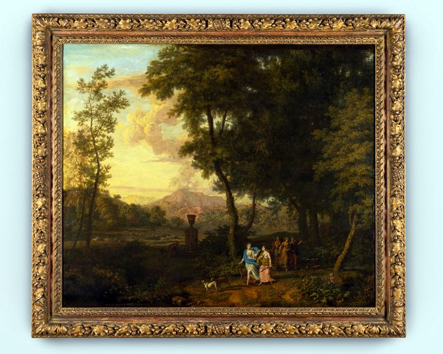 Jachtgodinnen in een boslandschap by Johannes Glauber