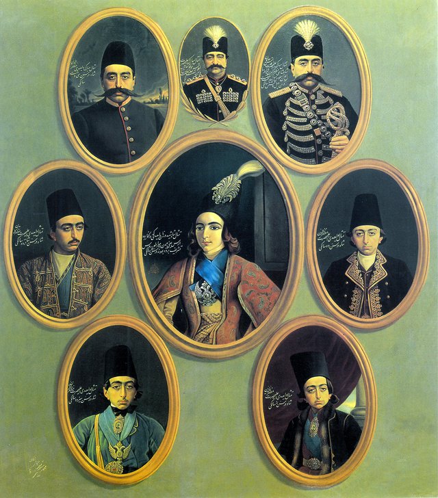Eight Portraits of Naser al-Din Shah Qajar and Mozaffar ad-Din Shah Qajar in Different Ages of Their Life by Kamal-ol-molk