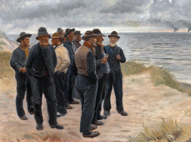 Fishermen of Skagen, observing the sea. by Michael Ancher
