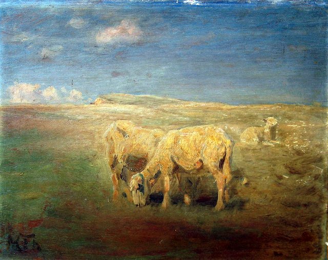 Sheep grazing in a meadow. by Hans Michael Therkildsen