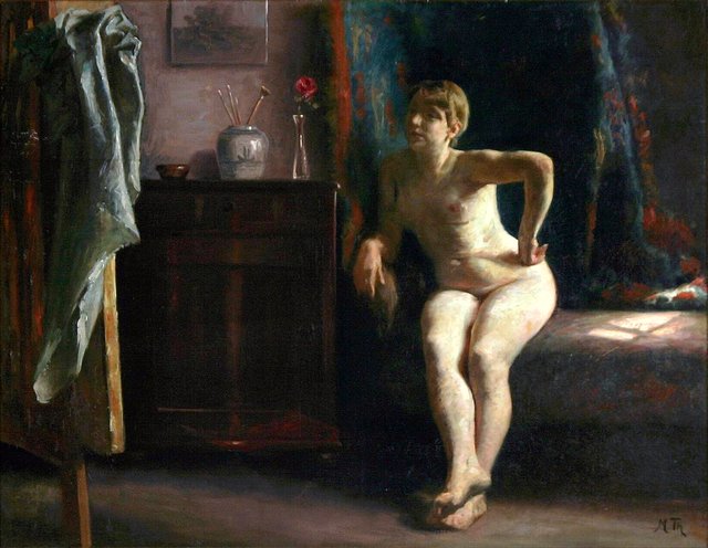 Interior with a woman sitting. by Hans Michael Therkildsen