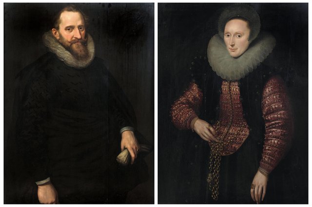 Portrait of a gentleman in a black costume with white ruff holding a pair of gloves by Cornelis van der Voort