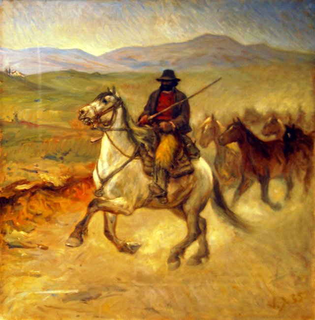 A horse trader with his pack in the Sabine Mountains. by Valdemar Irminger