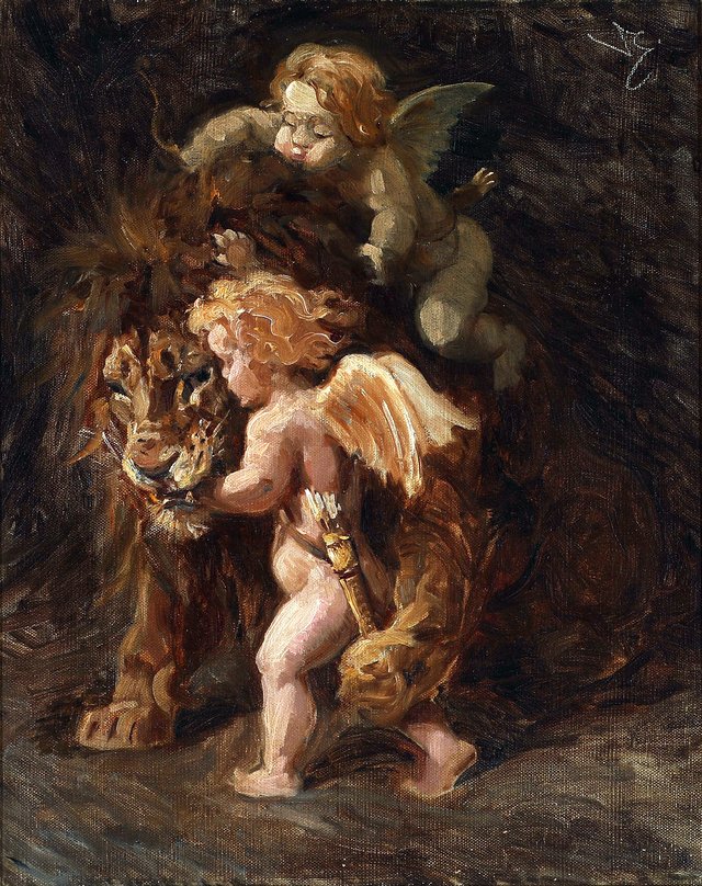 Cupids pestering an old lion by Valdemar Irminger