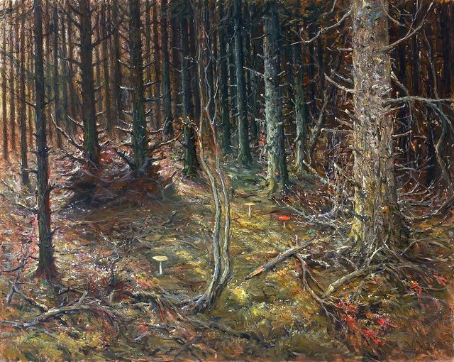 Forest with firs and mushrooms. by Valdemar Irminger