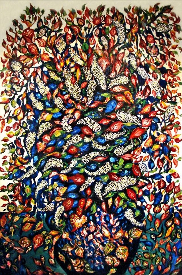 Grand Bouquet au vase noir et fond bleu by Séraphine Louis