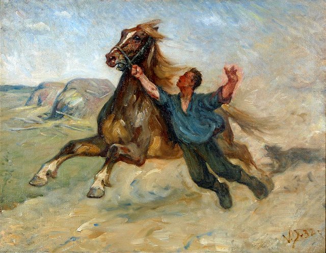 Trying to catch a runaway horse. by Valdemar Irminger
