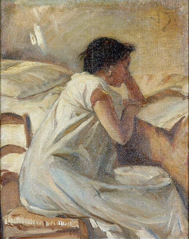 Portrait of a young woman reading. by Valdemar Irminger