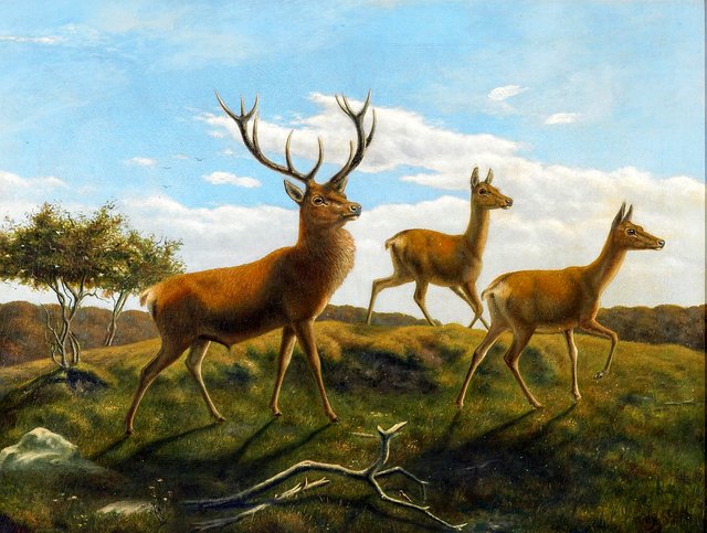 Landscape with a red deer stag and two hinds. by Valdemar Irminger