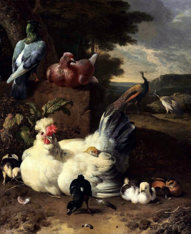 A hen, chicks, doves and peacocks beside a stone wall in a landscape by Melchior d'Hondecoeter