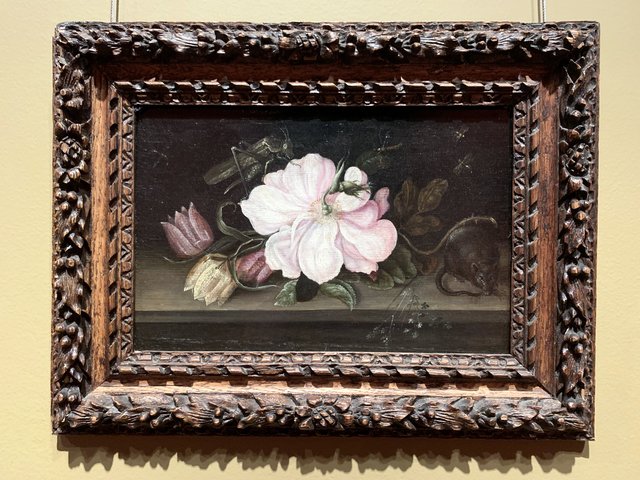 Still life with a rose, a grasshopper and a mouse by Roelant Savery
