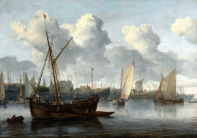 Fishing boats in a harbor by Allaert van Everdingen