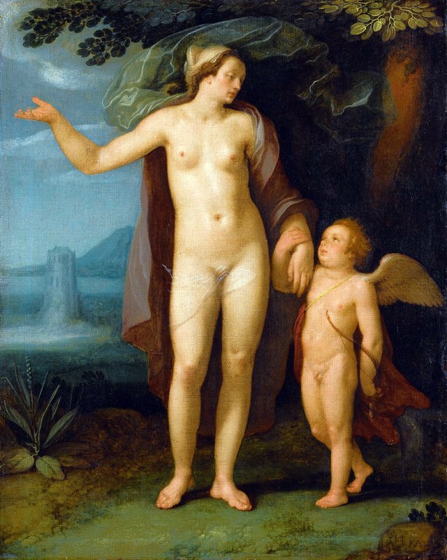 Venus and Cupid in a landscape by Cornelis van Haarlem