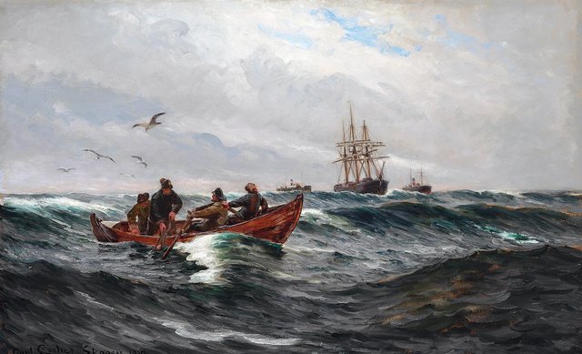 Fishermen at sea in their rowboat. by Carl Locher