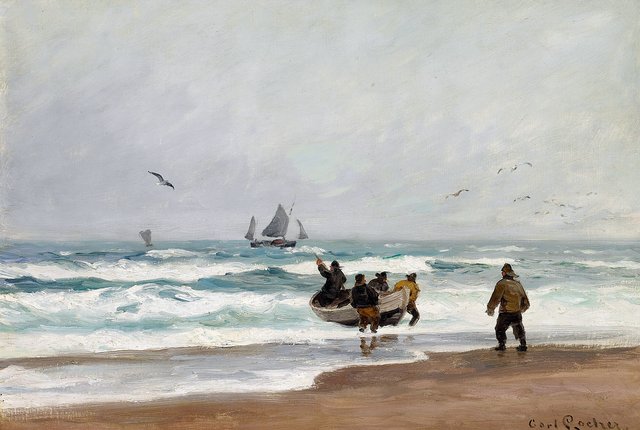 Fishermen with their boat on a beach on a rainy day. by Carl Locher