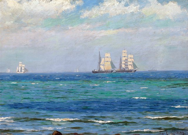 A three-masted barque and a brigantine at sea. by Carl Locher