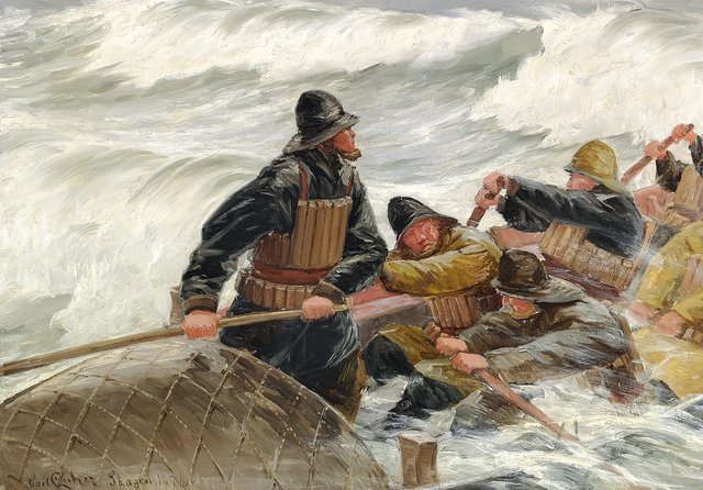 A lifeboat heading out from Skagen in stormy weather. by Carl Locher