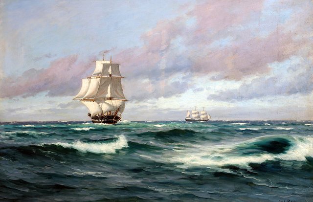 Sailing ships at sea. by Carl Locher
